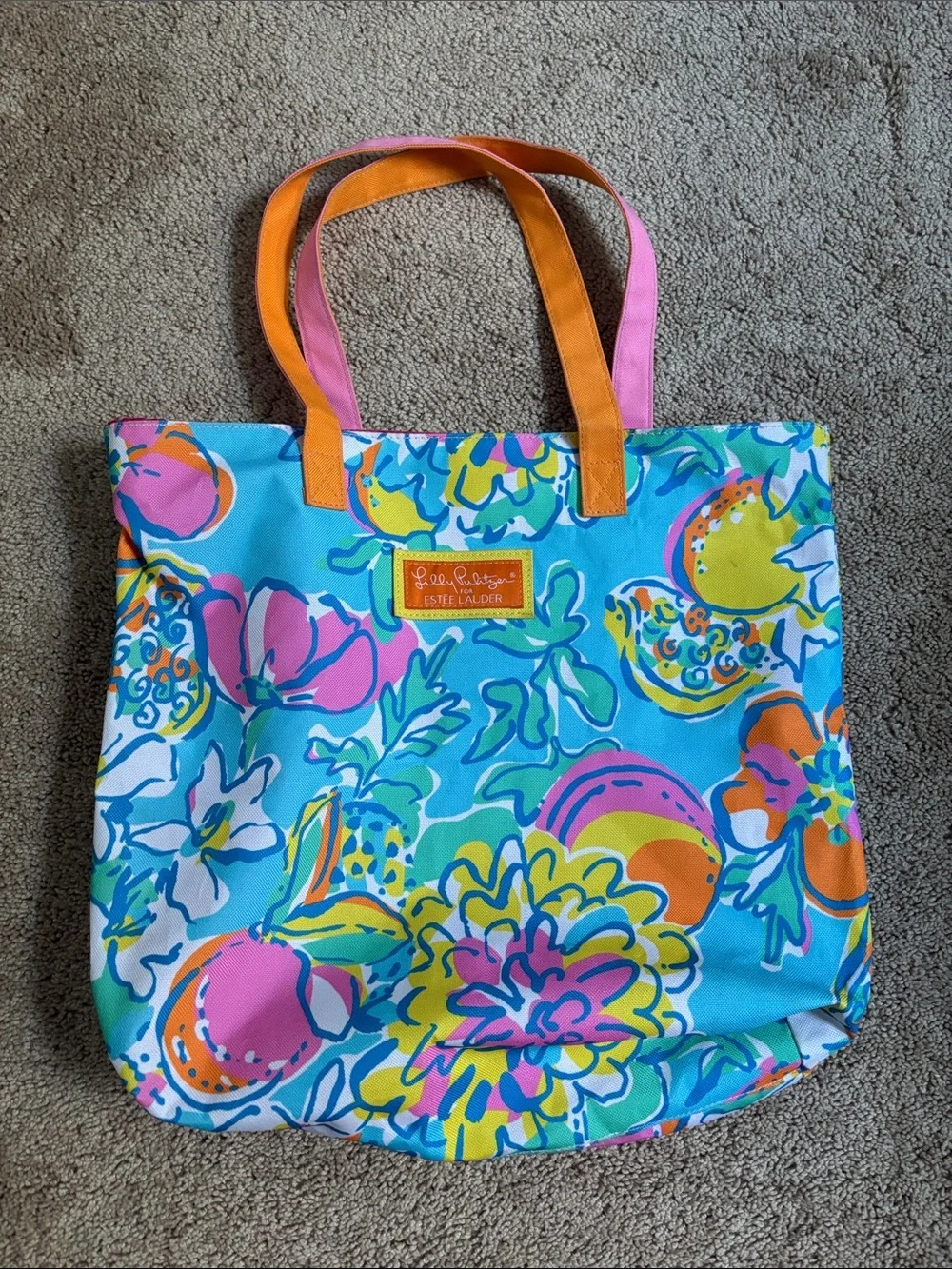 Lilly Pulitzer Bright Blue Floral Canvas Tote with Pink and Orange Straps